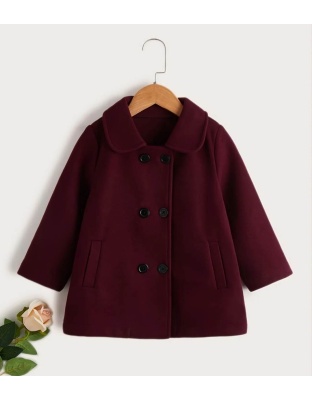 Maroon Girls Elegant Woolen Lapel Pea Coat with Long Sleeves Windproof Thermal Fleece Jacket