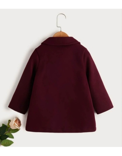 Maroon Girls Elegant Woolen Lapel Pea Coat with Long Sleeves Windproof Thermal Fleece Jacket