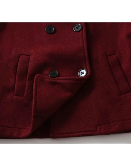 Maroon Girls Elegant Woolen Lapel Pea Coat with Long Sleeves Windproof Thermal Fleece Jacket