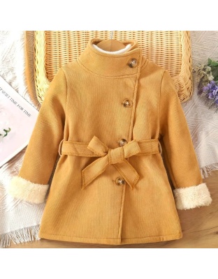 Baby Girls Tan Corduroy Work-Boot Color Solid Jacket High Neck Fleece Warm Coat With Belt Kids Clothes