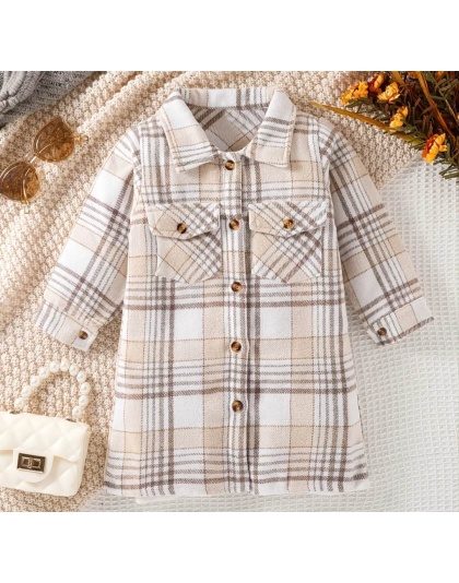 Girls Long Plaid Lapel Double Pocket Long Sleeve Button Shirt Jacket Coat Tan Bur Berry Pattern Plaid