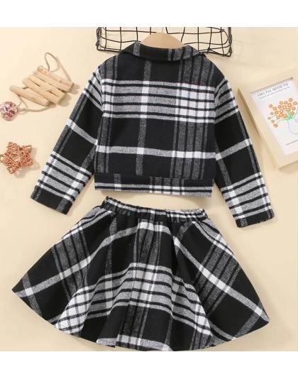 Autumn And Winter New Baby Girls' Thickened Plaid Long-sleeved Skirt Set Black and White Buffalo Plaid Jacket Pea Coat