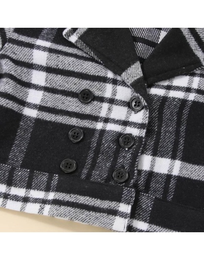 Autumn And Winter New Baby Girls' Thickened Plaid Long-sleeved Skirt Set Black and White Buffalo Plaid Jacket Pea Coat