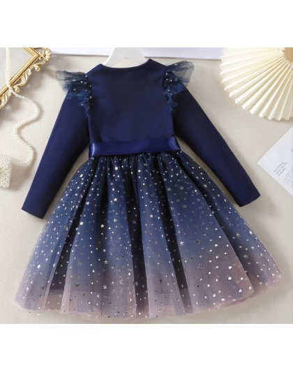 Girls Bow Mesh Dress Star Pattern Gradient Color Long Sleeve Round Neck Christmas New Years Fancy Elegant Sparkly Star Dress