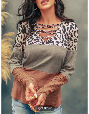 Women's T-shirt Casual Lace Splicing Hollow-out Leopard Color Block Long Sleeved Loose Fashion T-shirt Blouses Style Everyday Fit Top Womenswear Comfortable Elegance - Bucket 1