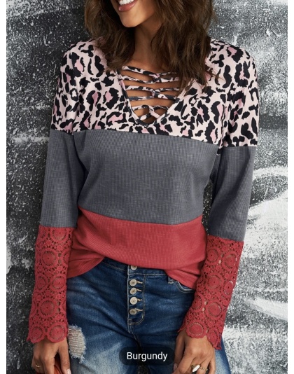 Women's T-shirt Casual Lace Splicing Hollow-out Leopard Color Block Long Sleeved Loose Fashion Womenswear Blouses Comfortable Elegance Everyday Style Top Fit T-shirt - Bucket 1