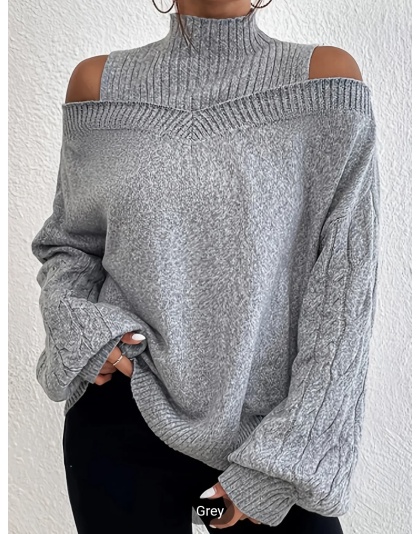 Women's Solid Elegant Off the Shoulder Gray Sweater, Casual Turtle Neck Long Sleeve Sweater, Casual Tops For Fall &amp; Winter, Women's Comfortable Soft Womenswear Comfort Formal Knitwear Piece Style Clothing - Bucket 1