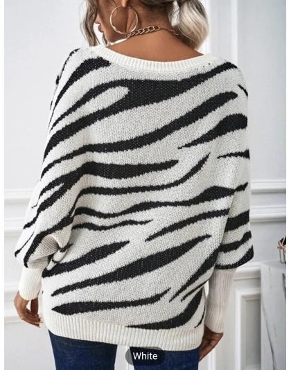 Women's Zebra Pattern Knitwear Tops, Long Sleeve Crew Neck Sweater, Casual Every Day Shirts, Women's Womenswear Comfortable Everyday Soft Underwear Style Lady Crewneck Clothing - Bucket 1