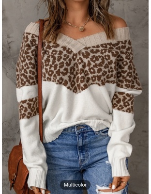 Women's Sweater Leopard Splicing Off Shoulder Pullover Sweater Knitwear Womenswear Tops Lady Comfort Knitting Comfortable Fashion Style Longsleeves Casual Winter Long Sleeve - Bucket 2