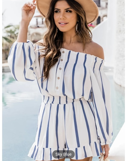 Women’s Summer Off The Shoulder Blue and White Striped Jumpsuit Onepiece One-Piece Jumper Short Romper - Box 2